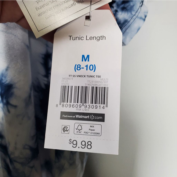 Time and Tru Tie Dye V-Neck Tunic Length T-Shirt Blue White Size Medium - Picture 4 of 9